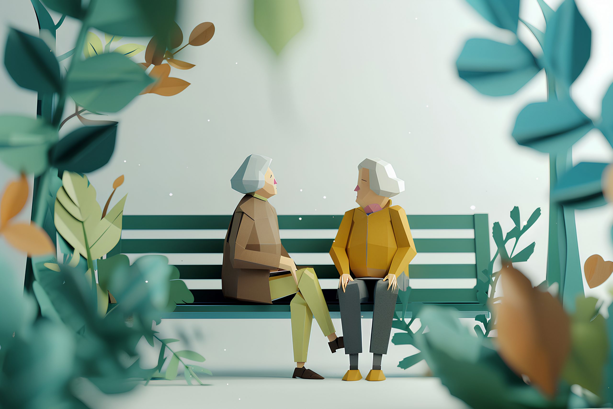 ベンチで語り合う二人のシニア女性